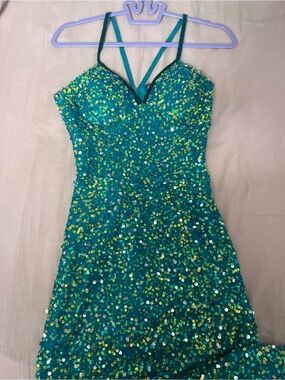 Y2K Teal Sequin Beaded Silk Maxi Dress
